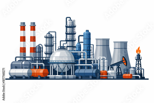 Refinería industrial con torres y depósitos