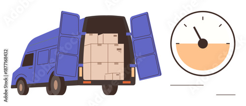 Logistics, transportation, delivery services, express shipping, cargo management, packaging solutions. Blue van with open back full of boxes and a speedometer. Logistics and transportation concept