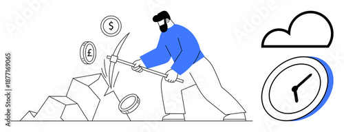 Finance, cryptocurrency, time investment, wealth creation, resources management, digital economy. A man using a pickaxe to mine coins with clock and cloud elements. Finance and cryptocurrency