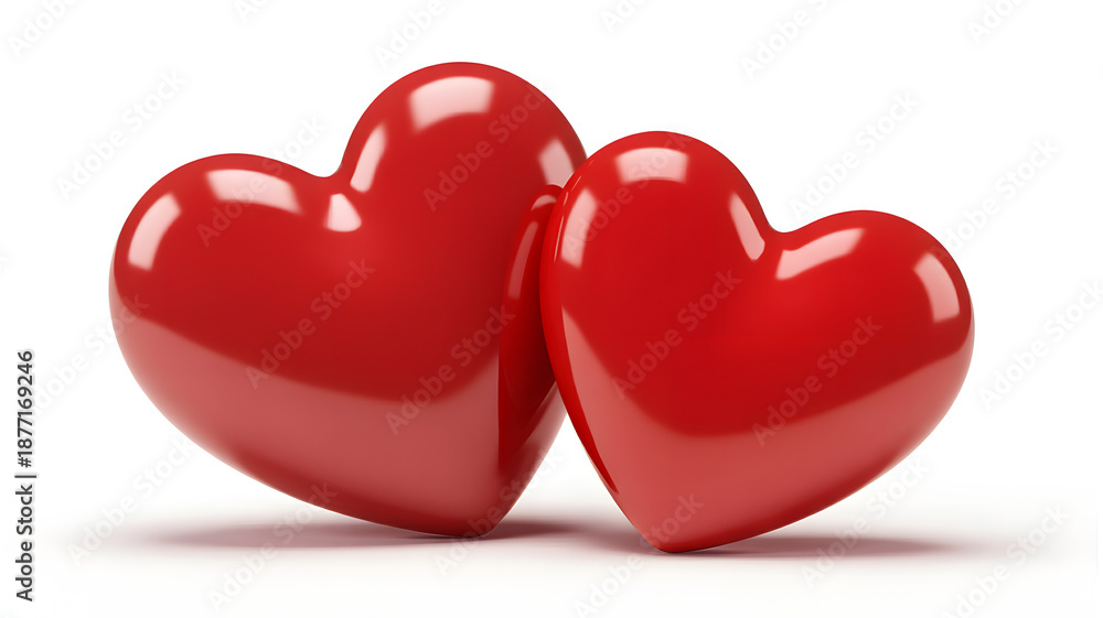 Fototapeta premium Two red shiny hearts isolated on white background
