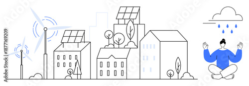 Eco-friendly energy solutions, urban sustainability, meditation, renewable resources, environmental consciousness, balance in nature. City skyline with wind turbines and solar panels. Eco-friendly