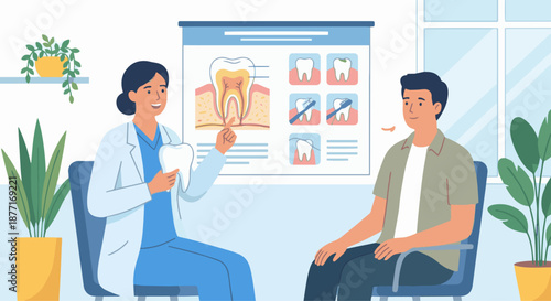 Dentist Explaining Dental Care
A flat vector illustration of a dentist explaining dental care or hygiene to a patient using a tooth model or chart. Flat vector illustration with educational and friend