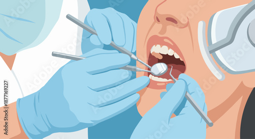 Dentist Using Dental Tools Close-Up
A flat vector illustration focusing on the dentist’s hands holding dental tools near a patient’s mouth. Flat vector style, instructional and precise.