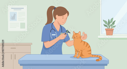 Vet Treating Cat
A flat vector illustration of a veterinarian gently treating a cat while holding medical tools. Simple clinic interior background. Flat vector design with calm and caring tone.