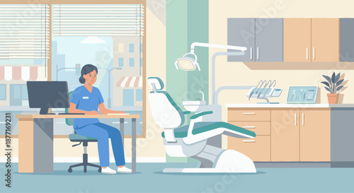 Dentist Office Interior Scene
A flat vector illustration of a dentist sitting in a clean, modern dental office. Dental chair, tools, and cabinets visible. 
