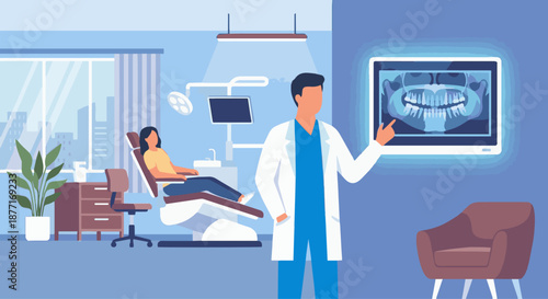 Dentist Checking X-Ray
A flat vector illustration of a dentist reviewing a dental X-ray on a screen or light board. Flat vector style, modern clinic environment.