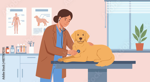 Vet Examining Dog

A flat vector illustration of a veterinarian examining a dog on a clinic table. The vet wears a coat and uses a stethoscope. Clean flat vector style, solid colors, no gradients.