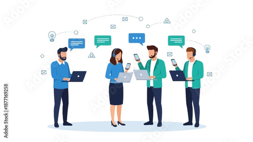 Teamwork and communication concept with people using laptops and phones