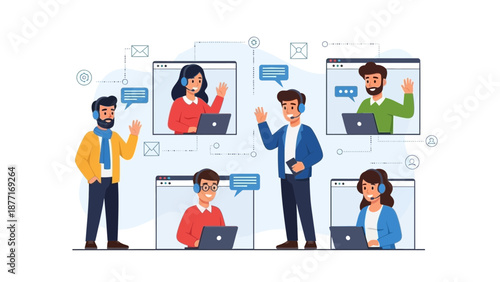 Teamwork and Communication Concept: People Connecting Online via Laptops