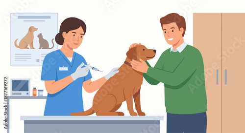  Vet Vaccinating Pet
A flat vector illustration of a vet giving a vaccination to a pet. Owner stands nearby reassuring the animal. Flat vector illustration, professional and safe healthcare scene.