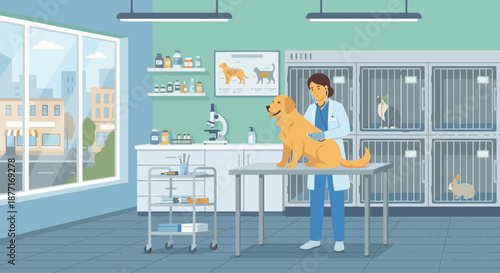 Vet Working in Animal Clinic
A flat vector illustration of a veterinarian working in a clean animal clinic with cages, medical equipment, and charts in the background. 