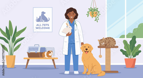 Vet with Different Animals
A flat vector illustration of a vet standing with different animals such as a dog, cat, and rabbit. Flat vector style, inclusive and friendly pet care theme.