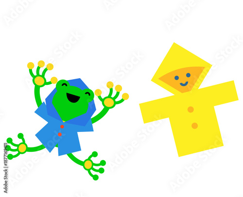 レインコートを着たカエルと雨具のかわいい梅雨イラスト