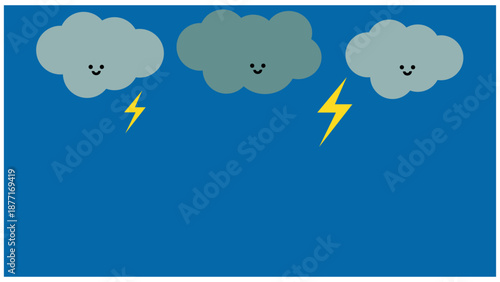 梅雨の空と雷雲をかわいく描いた雨の日の背景イラスト