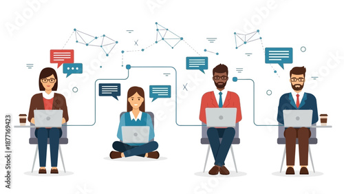 Diverse Team Collaborating Online with Laptops and Communication Network