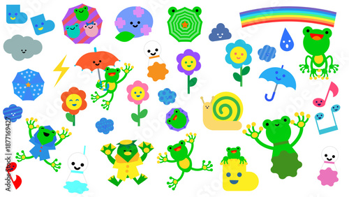 梅雨をテーマにしたカエルや天気モチーフが並ぶかわいいイラスト素材セット