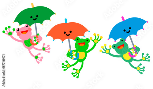 傘をさして雨の日を楽しむカエルとオタマジャクシの梅雨イラスト