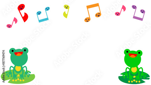 音符とカエルが並ぶ楽しい梅雨のかわいいイラスト背景