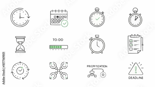 Collection of hand-drawn icons representing time management and planning concepts.
