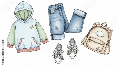 Childrens casual clothing and accessories laid out flat.