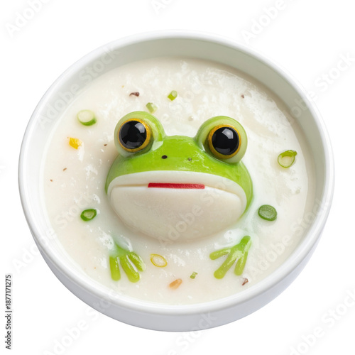 A comforting bowl of frog porridge, featuring tender frog meat in a savory sauce served over soft rice congee, isolated on white background