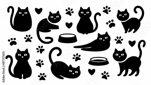 Cute black cat silhouettes with hearts and paw prints