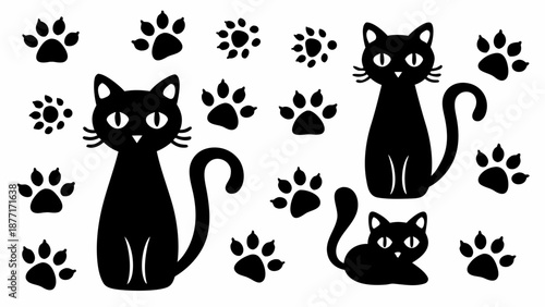 Black cat silhouettes with paw prints on white background