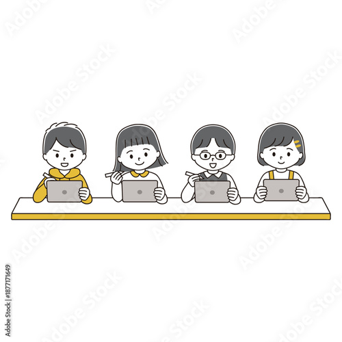 机に向かってタブレット端末で勉強する子どもたちのイラスト