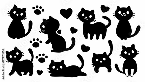 Cute black cat silhouettes with hearts and paw prints
