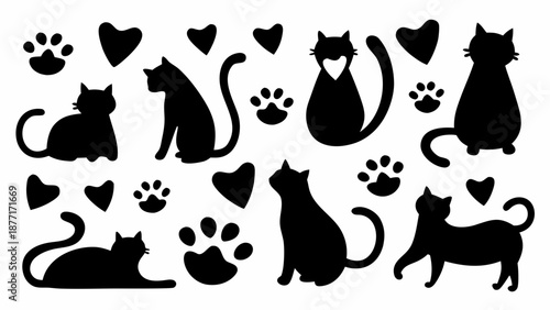 Adorable black cat silhouettes with hearts and paw prints