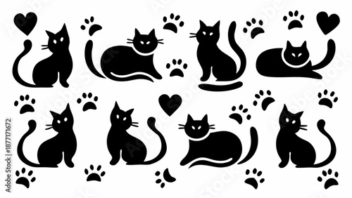 Black cat silhouettes with hearts and paw prints
