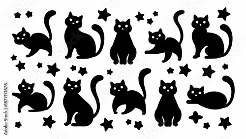 Whimsical black cat silhouettes with stars on white background