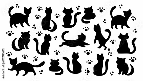 Set of adorable cat silhouettes in various playful poses with paw prints