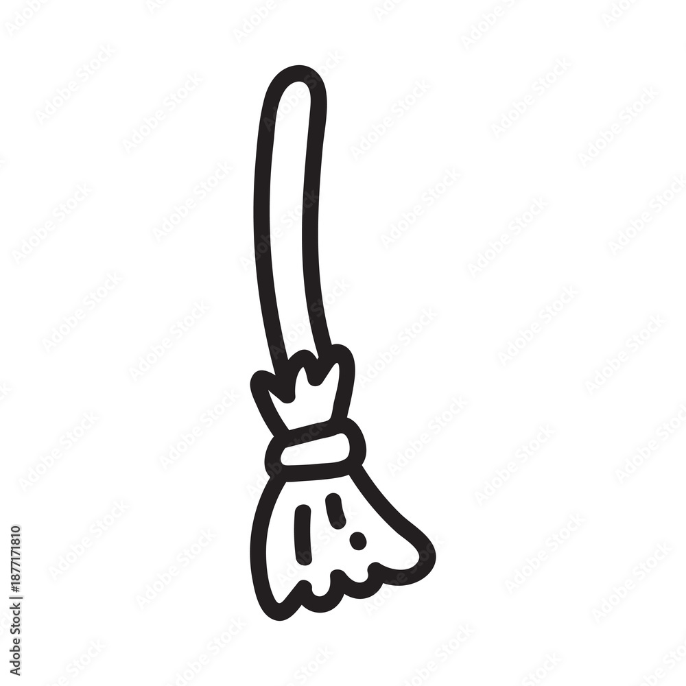 Naklejka premium Hand-drawn witch broom doodle with magic stick and straw bristles. Halloween broomstick sketch perfect for coloring books, witchcraft art projects, and spooky seasonal designs.