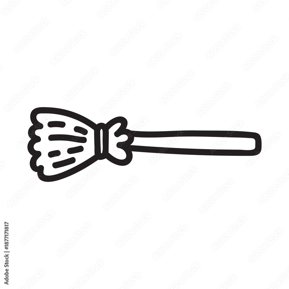 Naklejka premium Hand-drawn witch broom doodle with magic stick and straw bristles. Halloween broomstick sketch perfect for coloring books, witchcraft art projects, and spooky seasonal designs.