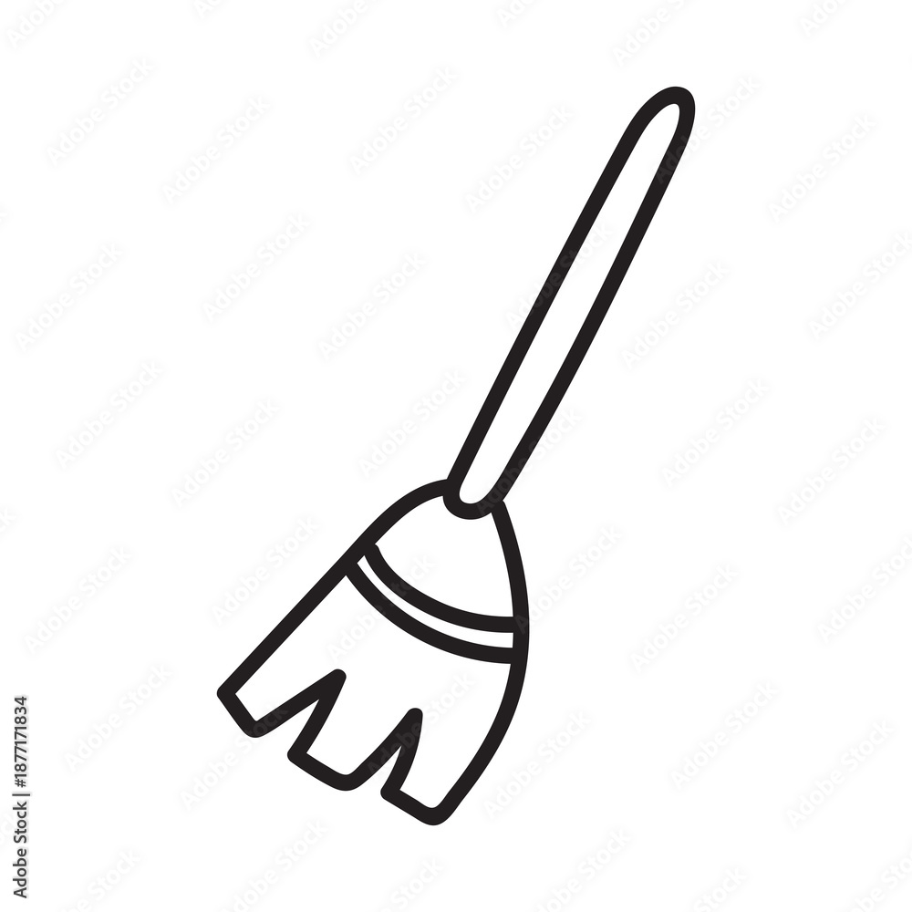 Naklejka premium Hand-drawn witch broom doodle with magic stick and straw bristles. Halloween broomstick sketch perfect for coloring books, witchcraft art projects, and spooky seasonal designs.