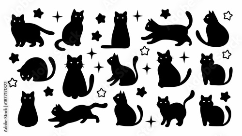 Set of black cat silhouettes with stars on white background