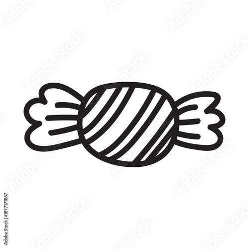 Hand drawn candy doodle icons perfect for Halloween party designs. Sweet outline illustrations featuring lollipops, bonbons, and chocolate treats in monochrome style.