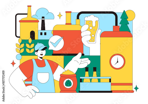 Brewery Production Process Vector Illustration Featuring Beer Tanks And Bottles Filled With Alcoholic Beverages for Fermentation on a Flat Background