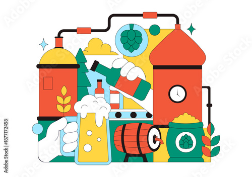 Brewery Production Process Vector Illustration Featuring Beer Tanks And Bottles Filled With Alcoholic Beverages for Fermentation on a Flat Background