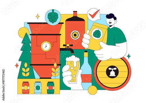 Brewery Production Process Vector Illustration Featuring Beer Tanks And Bottles Filled With Alcoholic Beverages for Fermentation on a Flat Background