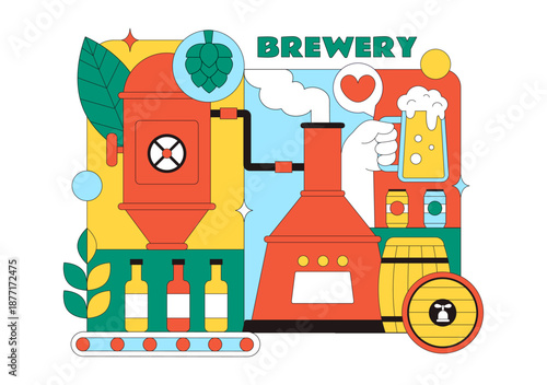 Brewery Production Process Vector Illustration Featuring Beer Tanks And Bottles Filled With Alcoholic Beverages for Fermentation on a Flat Background