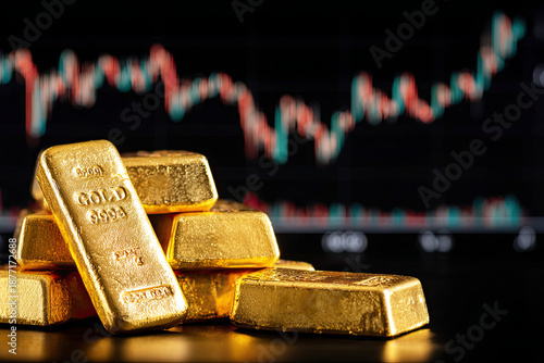 Wallpaper Mural A stack of gold bars in front of a fluctuating stock market chart, symbolizing wealth and investment opportunities. Torontodigital.ca