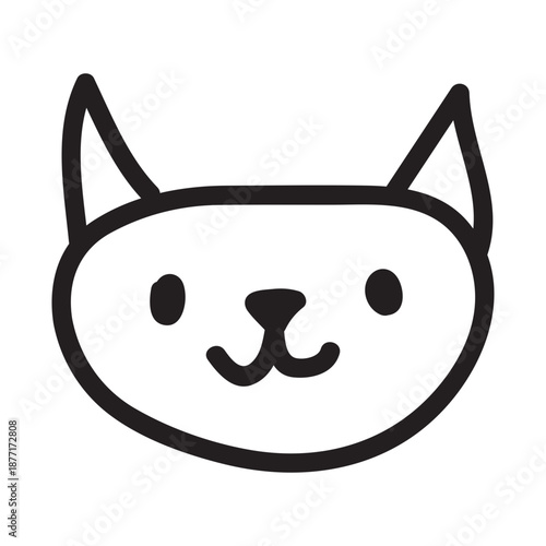 Cute cat face doodle with happy expression. Simple outline drawing of an adorable kitten character. Black line art illustration perfect for stickers, logos, and playful pet designs.