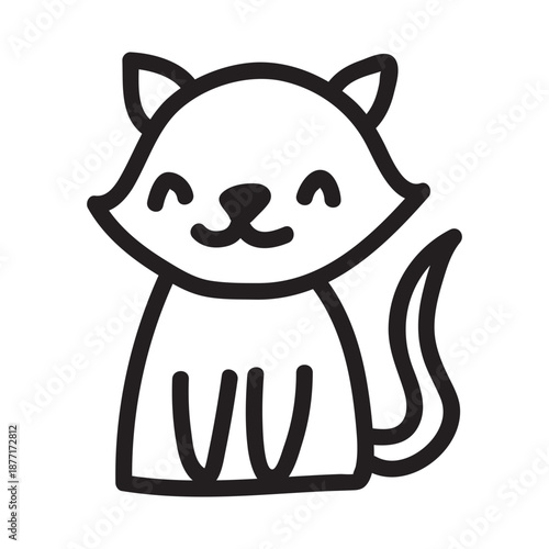 Cute cat face doodle with happy expression. Simple outline drawing of an adorable kitten character. Black line art illustration perfect for stickers, logos, and playful pet designs.