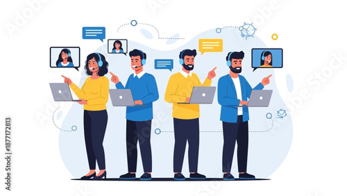 Diverse team of customer support agents working remotely with laptops and headsets