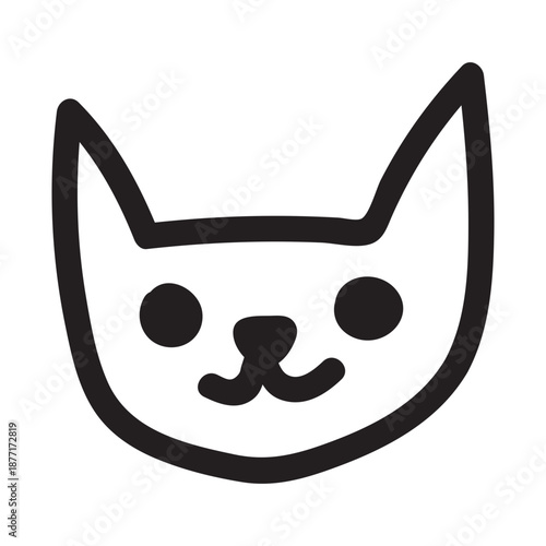 Cute cat face doodle with happy expression. Simple outline drawing of an adorable kitten character. Black line art illustration perfect for stickers, logos, and playful pet designs.