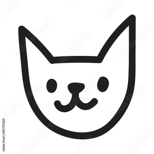 Cute cat face doodle with happy expression. Simple outline drawing of an adorable kitten character. Black line art illustration perfect for stickers, logos, and playful pet designs.