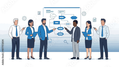 Diverse Team Collaborating on Business Strategy Flowchart Presentation