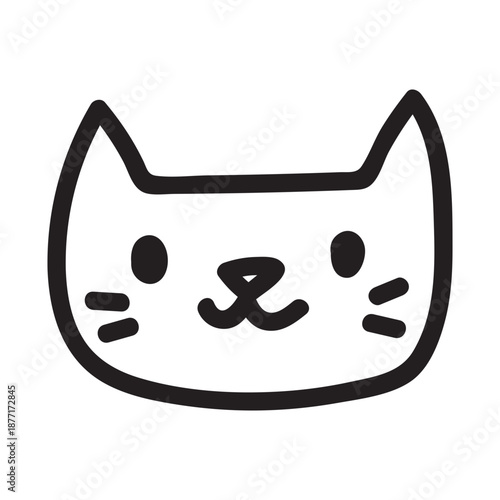 Cute cat face doodle with happy expression. Simple outline drawing of an adorable kitten character. Black line art illustration perfect for stickers, logos, and playful pet designs.